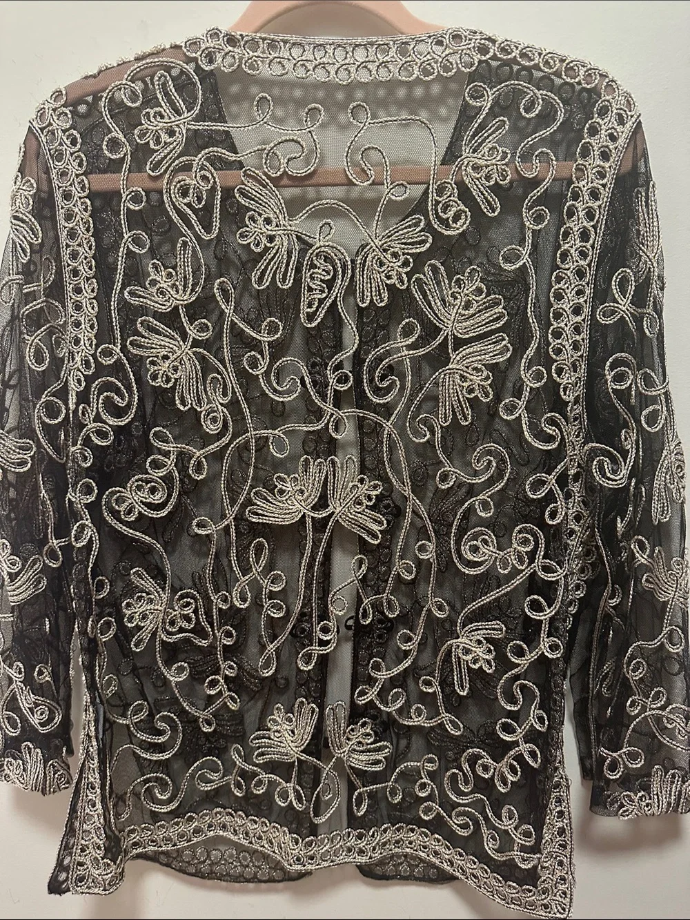 Embroidered Black Sheer Jacket with Ivory Stitching - Picture 5 of 5